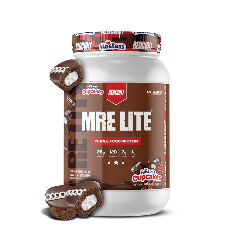 REDCON1 MRE Lite Hostess Cupcakes bottle shows high-protein, low-carb meal replacement.