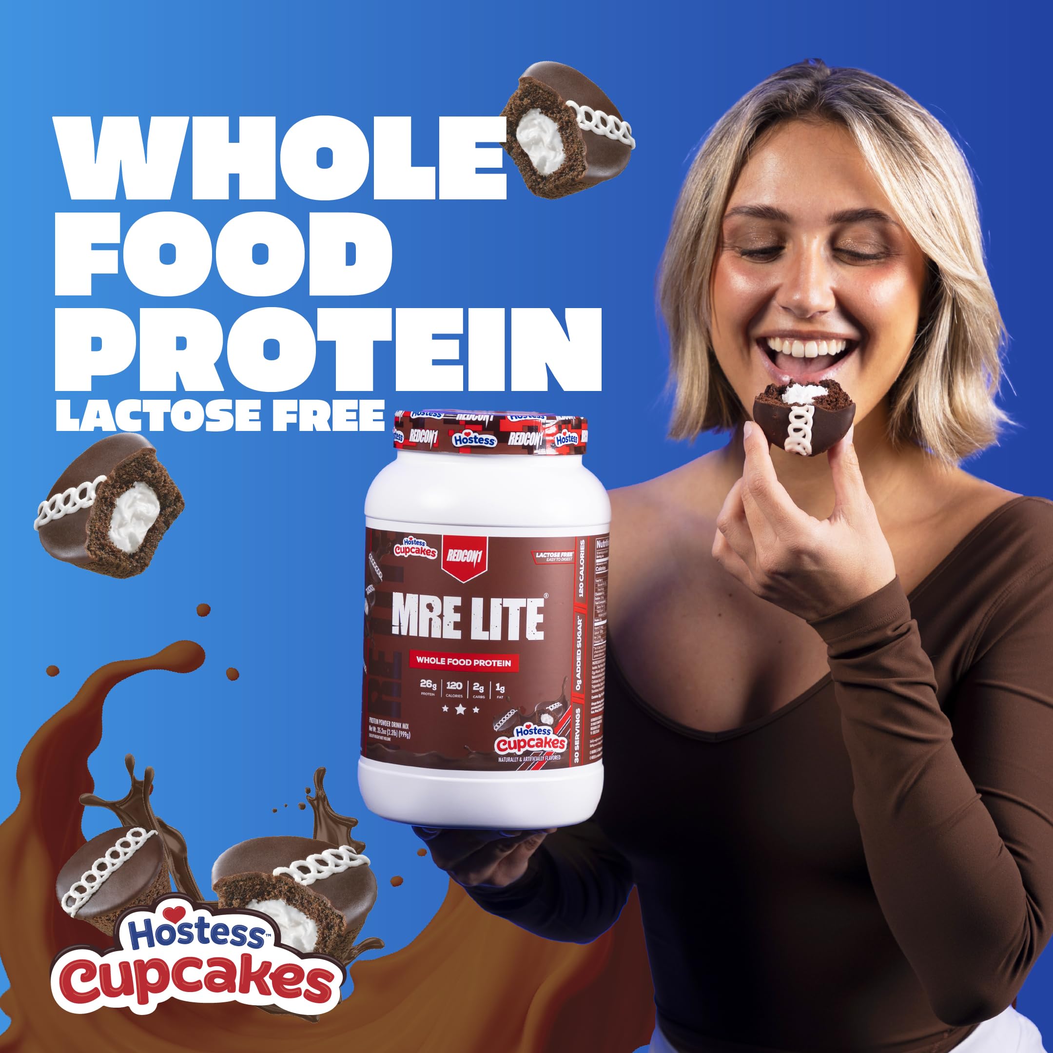 REDCON1 MRE Lite Hostess Cupcakes blend on the counter emphasizes MCT oil for energy.