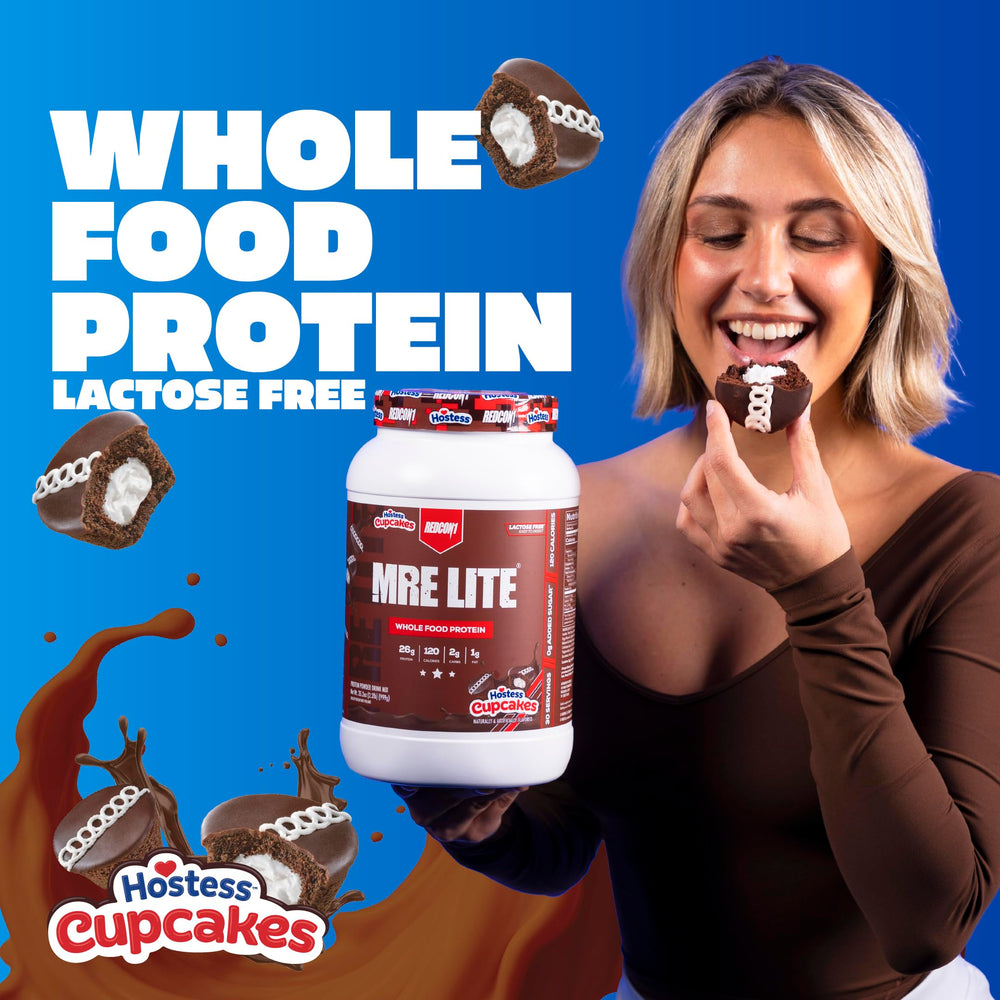 REDCON1 MRE Lite Hostess Cupcakes blend on the counter emphasizes MCT oil for energy.