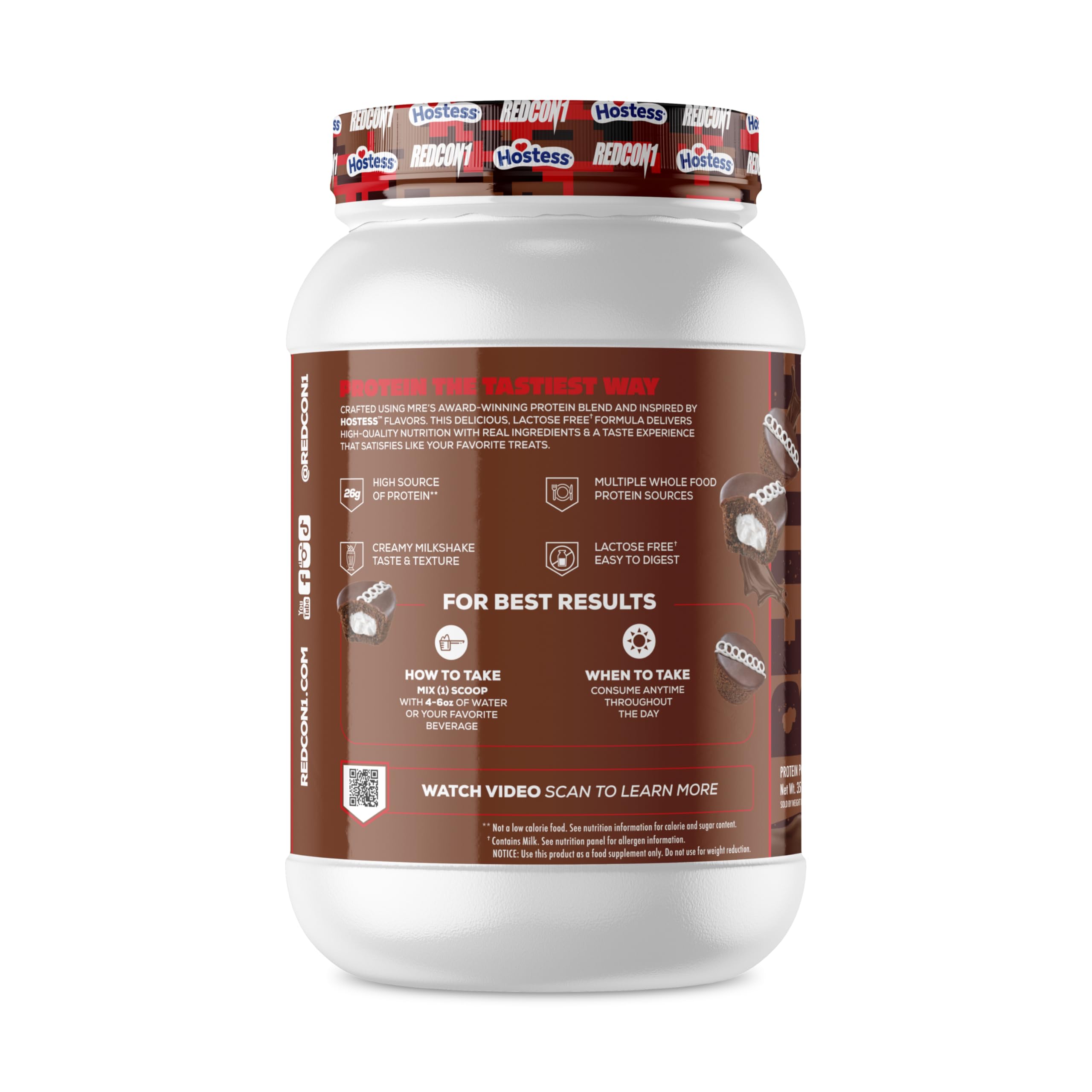 REDCON1 MRE Lite Hostess Cupcakes powder container with nutrition label highlighting 24g protein.