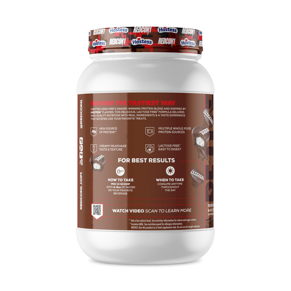 REDCON1 MRE Lite Hostess Cupcakes powder container with nutrition label highlighting 24g protein.