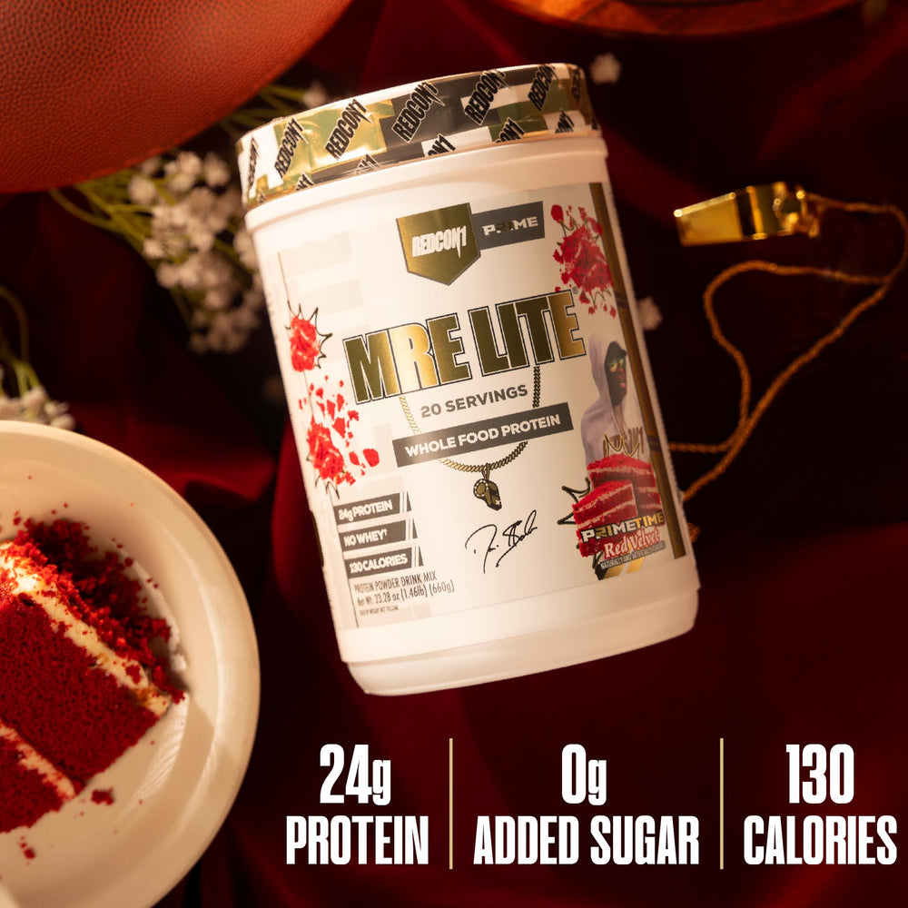 Redcon1 MRE Lite label close-up shows premium whole-food blend.