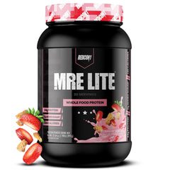 REDCON1 MRE Lite Strawberry Shortcake tub highlighting a high-protein meal replacement for active lifestyles