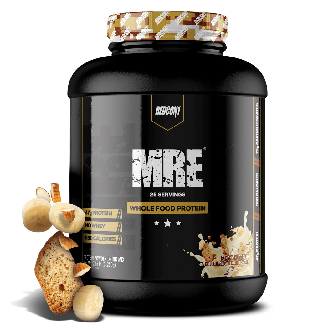REDCON1 MRE Banana Nut Bread tub showing premium meal replacement protein.