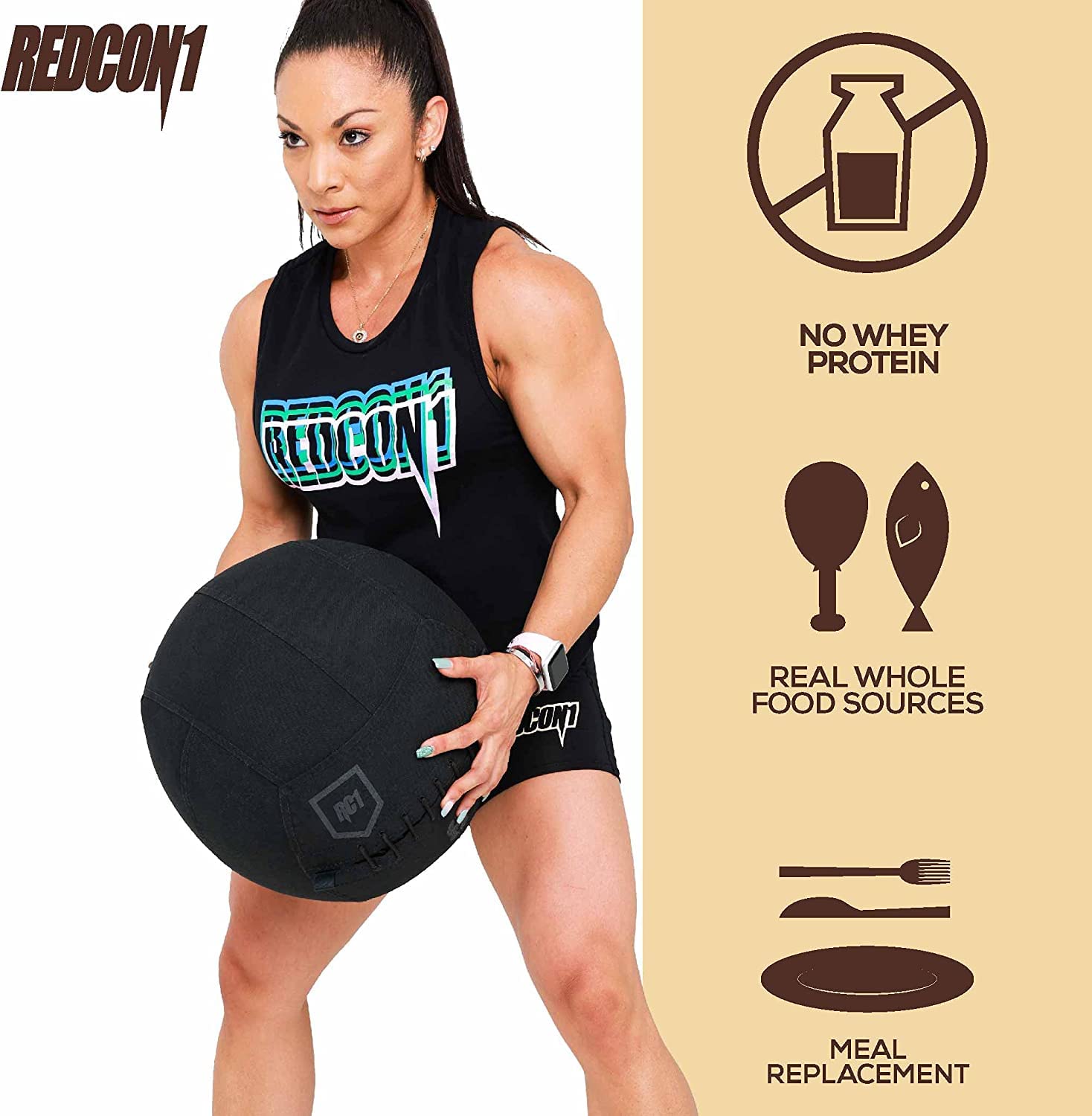 REDCON1 MRE Protein ingredients blend showing beef, salmon, chicken, egg, rice, and pea proteins for a complete amino profile