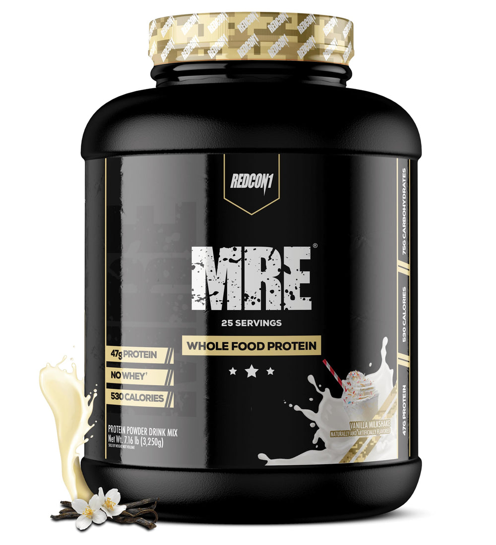 REDCON1 MRE protein powder bottle shows a protein-packed meal replacement after workouts.