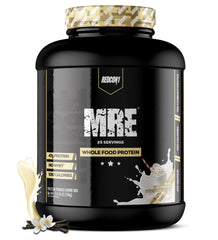 REDCON1 MRE protein powder bottle shows a protein-packed meal replacement after workouts.