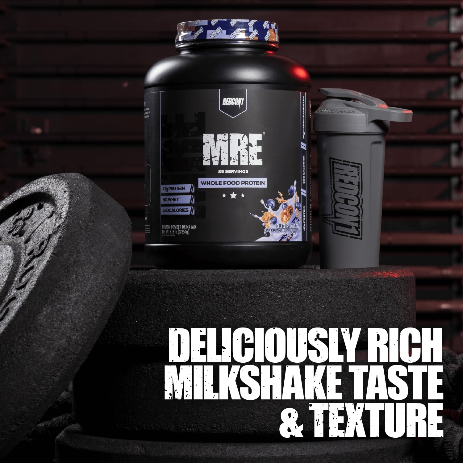 REDCON1 MRE powder ingredient label close-up emphasizes the whole-food protein blend.