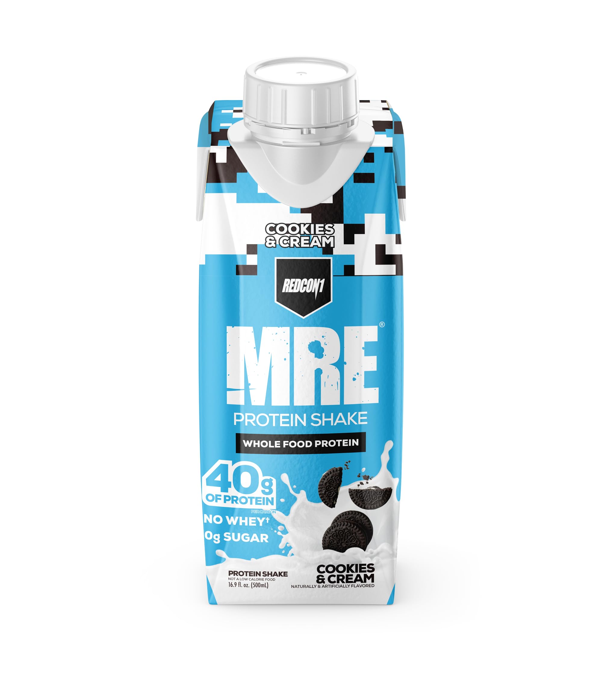 Close-up label of REDCON1 MRE Ready-to-Drink Cookies and Cream showing whole-food protein blend