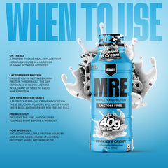 REDCON1 MRE Cookies & Cream RTD nutrition panel emphasizes keto-friendly composition