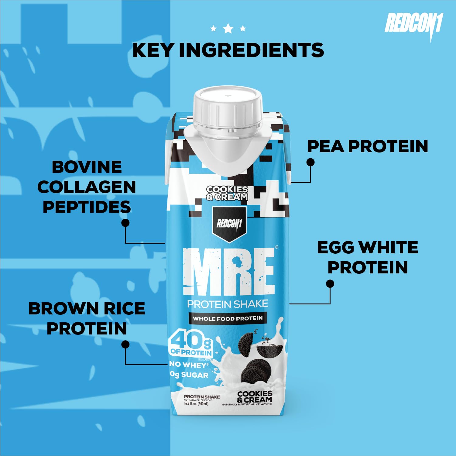 Packaging design of REDCON1 MRE Ready-to-Drink Cookies and Cream protein shake
