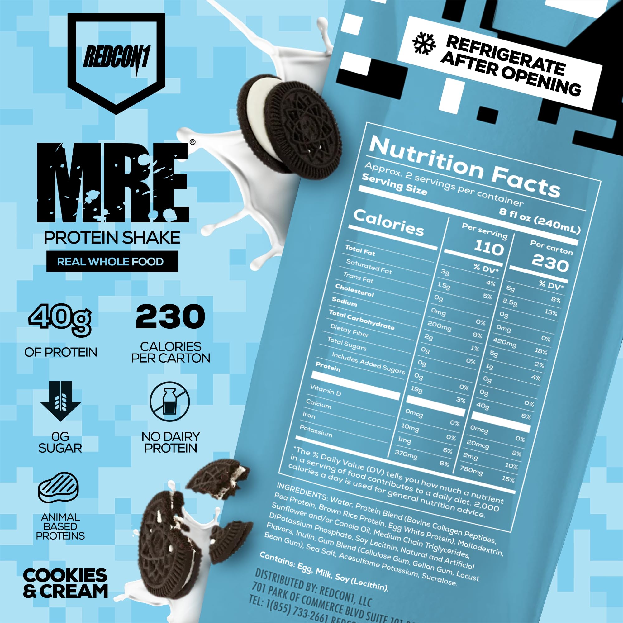 REDCON1 MRE Ready-to-Drink Cookies and Cream shake poured into glass for quick meal