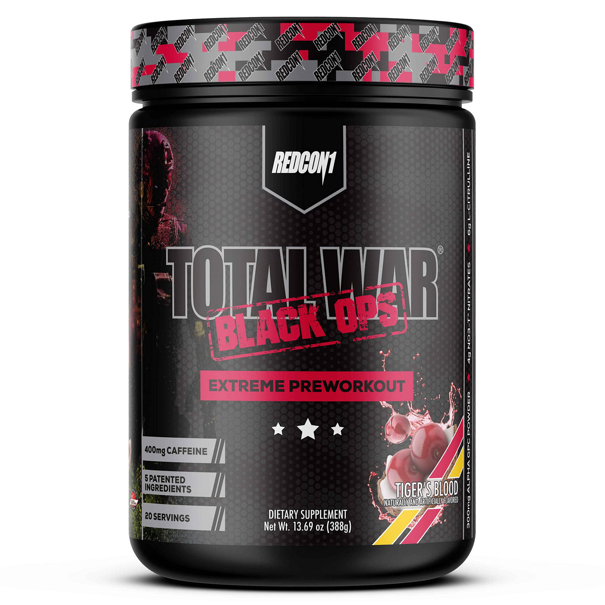 Redcon1 Total War Black Ops bottle displaying Tigers Blood flavor for intense workouts