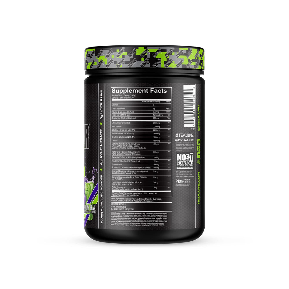 REDCON1 Total War Black Ops tub side label highlighting ingredients for focus and pumps