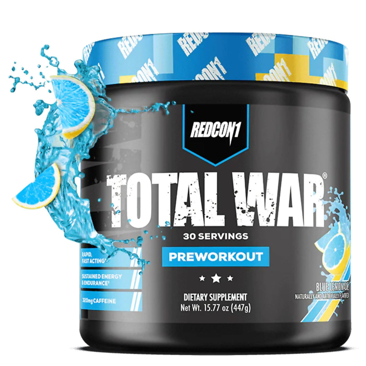 REDCON1 Total War blue lemonade tub boosts focus and endurance.