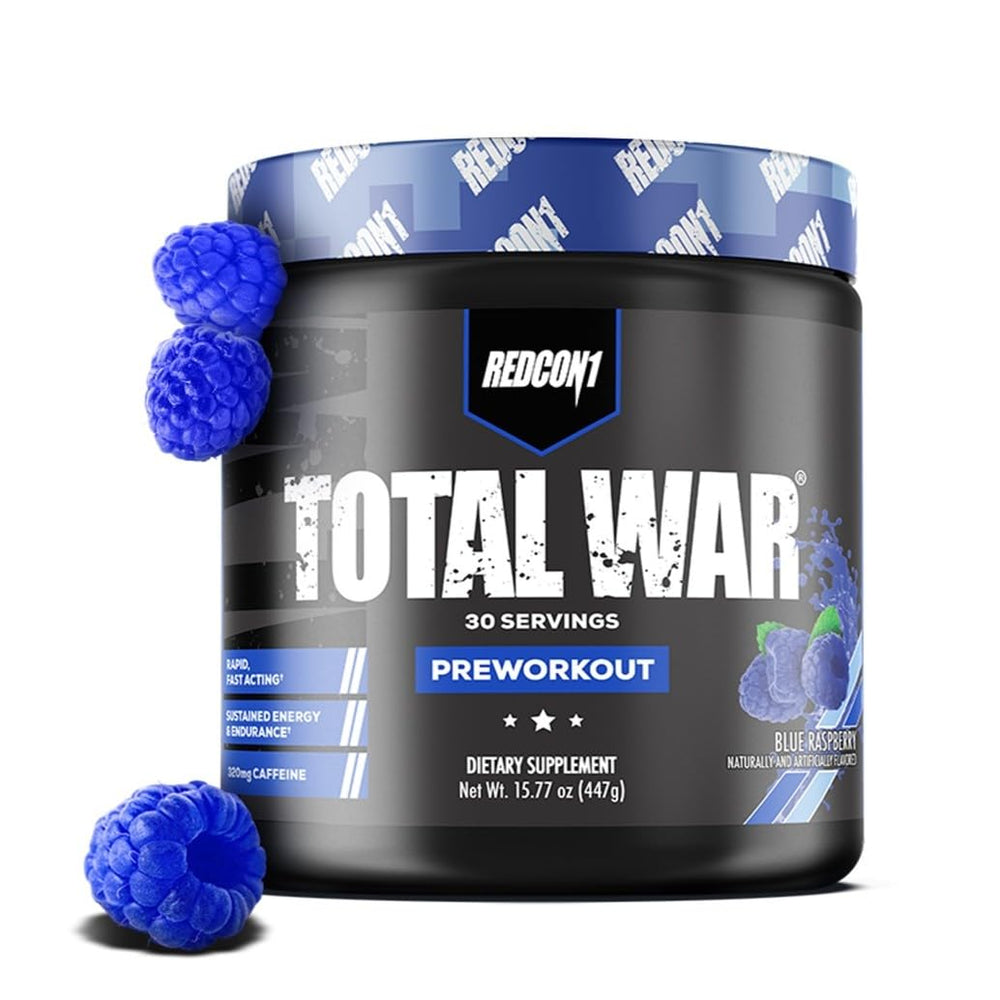REDCON1 Total War Blue Raspberry bottle highlighting energy-boosting pre workout for focused sessions
