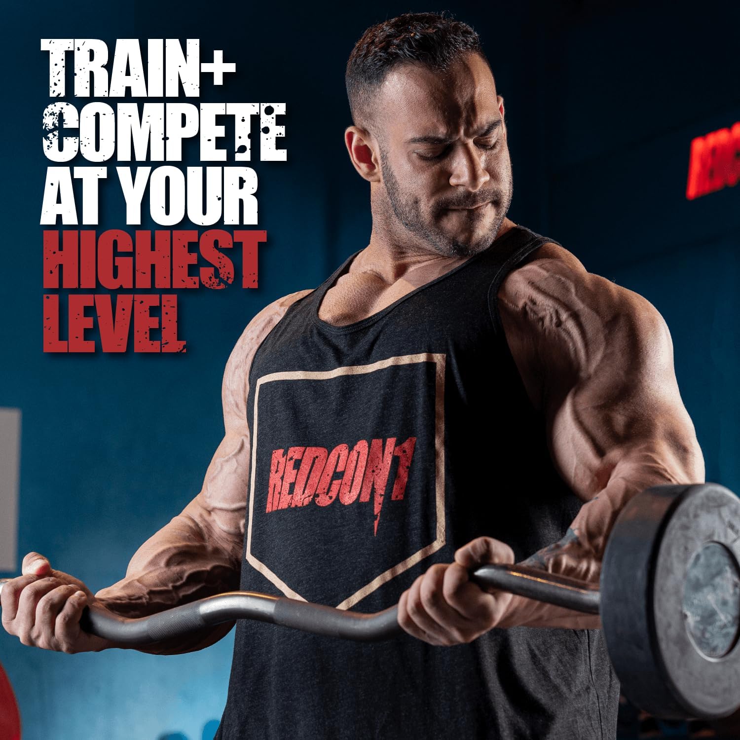 REDCON1 Total War Blue Raspberry scoop showing fast-acting formula for intense training
