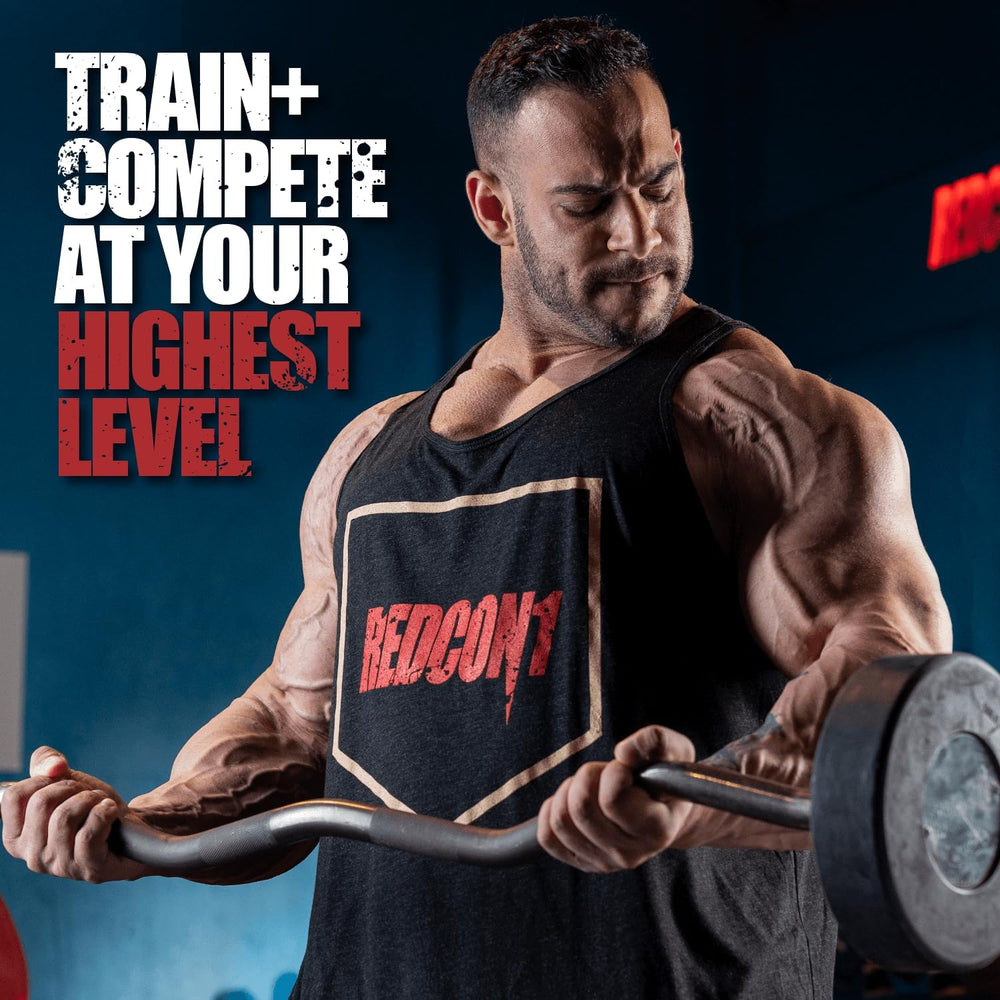 REDCON1 Total War Blue Raspberry scoop showing fast-acting formula for intense training