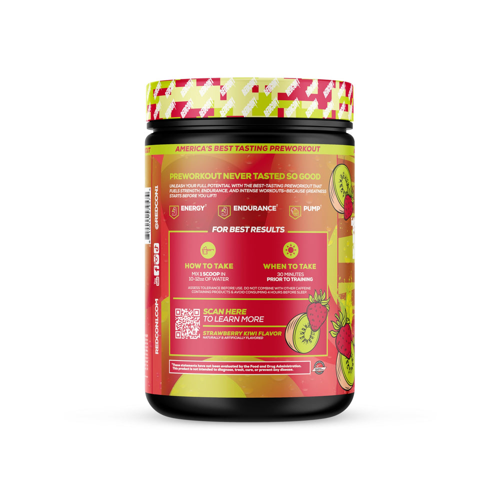 REDCON1 Total War Reloaded strawberry kiwi bottle on workout table signals ready-to-pump sessions