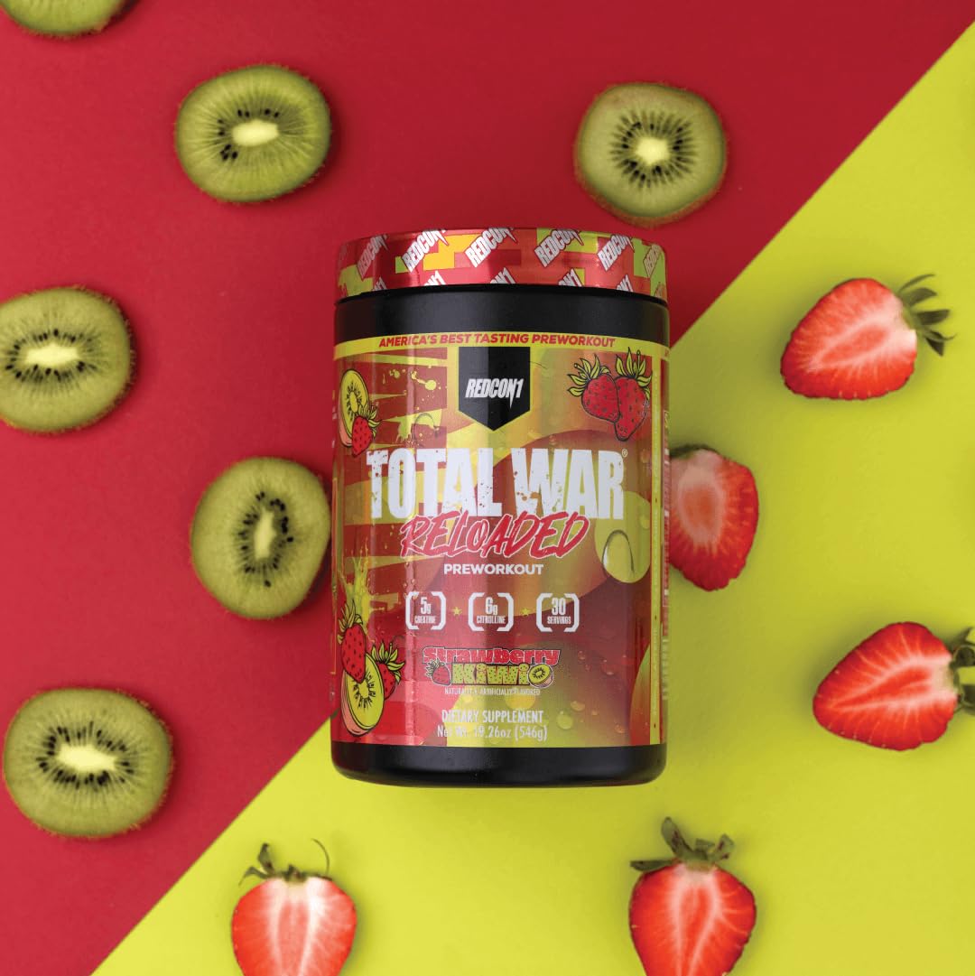 REDCON1 Total War Reloaded strawberry kiwi shaker with label communicates science-backed ingredients