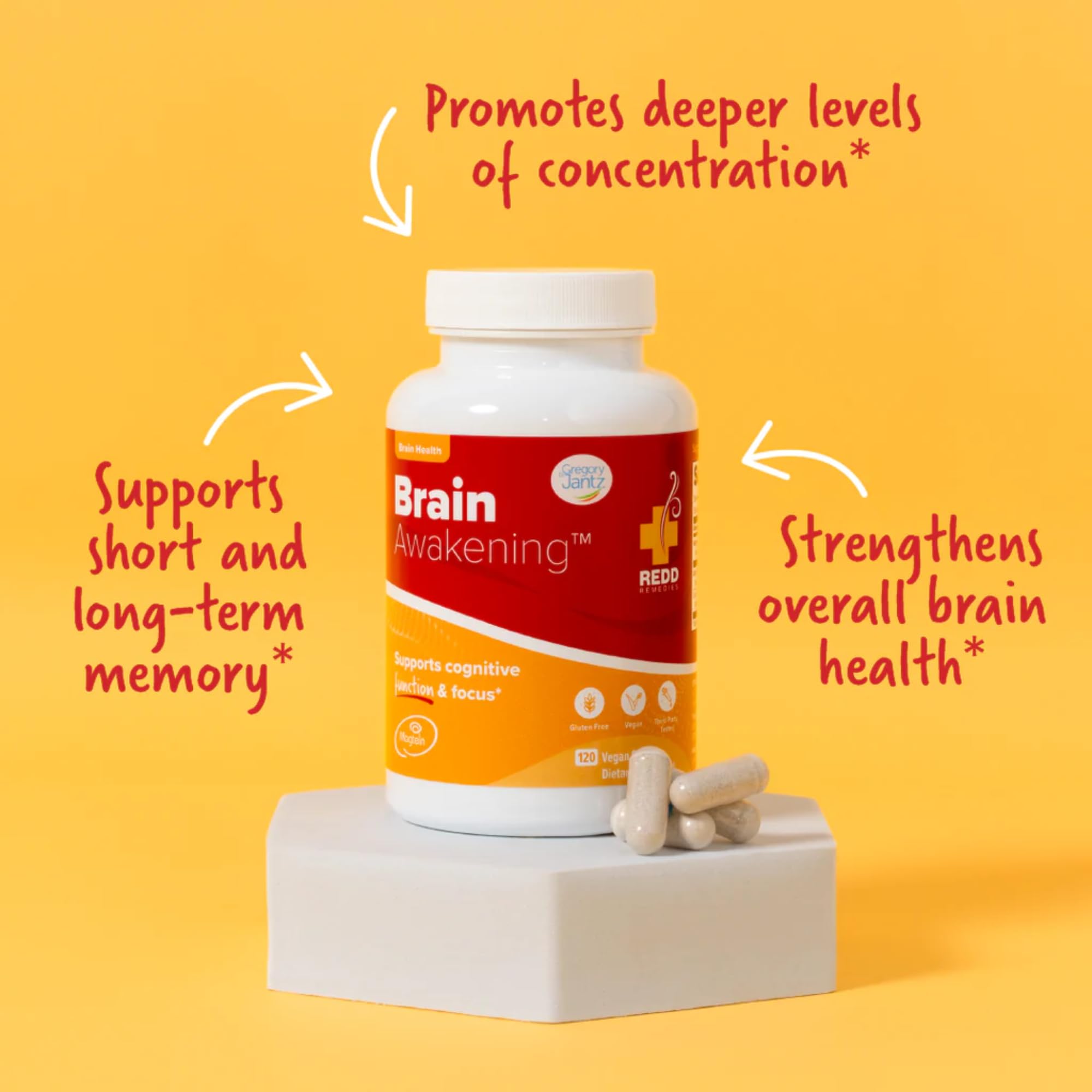Redd Remedies Brain Awakening label close-up with ingredient details for informed choices.