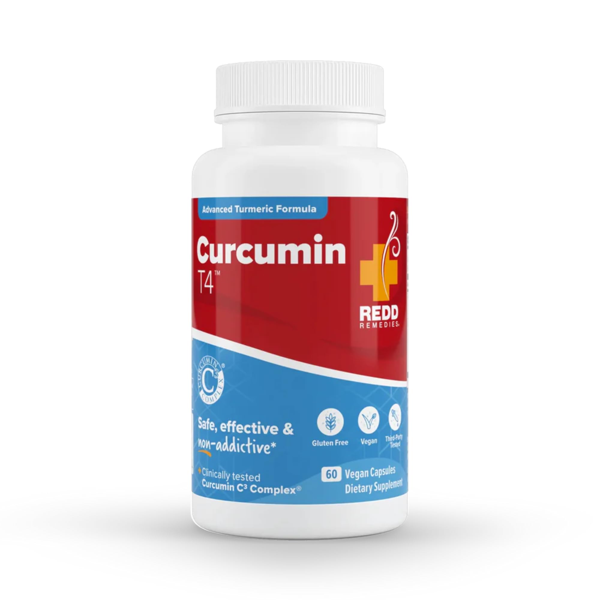 Redd Remedies Curcumin T4 bottle on desk for daily wellness, plant-based formula.