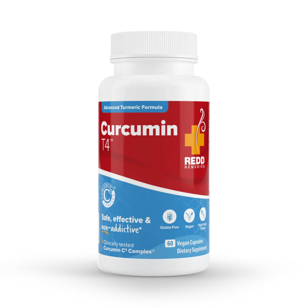 Redd Remedies Curcumin T4 bottle on desk for daily wellness, plant-based formula.