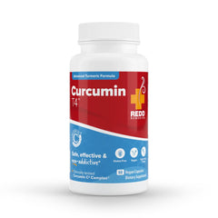 Redd Remedies Curcumin T4 bottle on desk for daily wellness, plant-based formula.