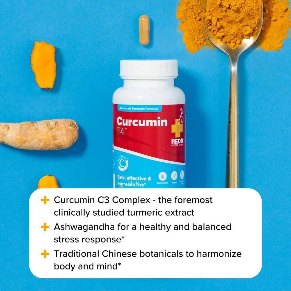 Redd Remedies Curcumin T4 capsules dispense in a smooth, easy-to-take form.