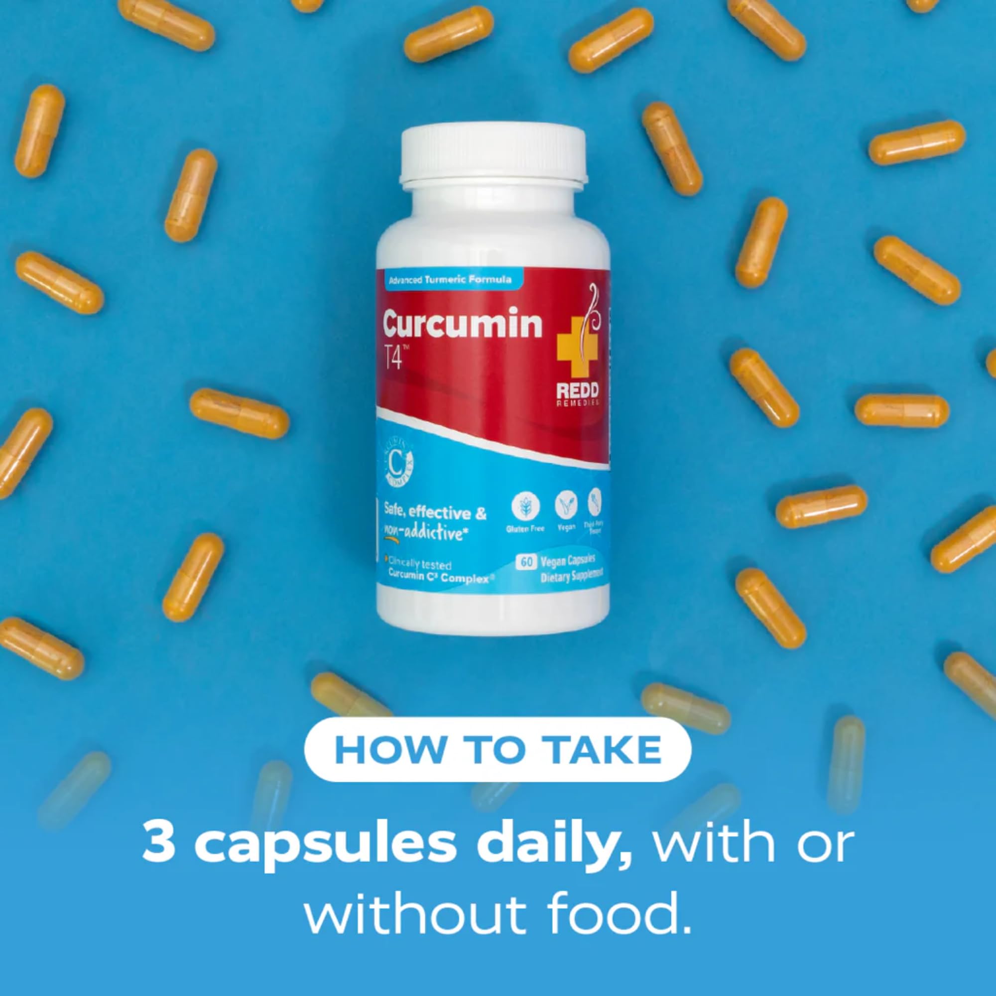 Redd Remedies Curcumin T4 ingredient panel showing plant-based blend.