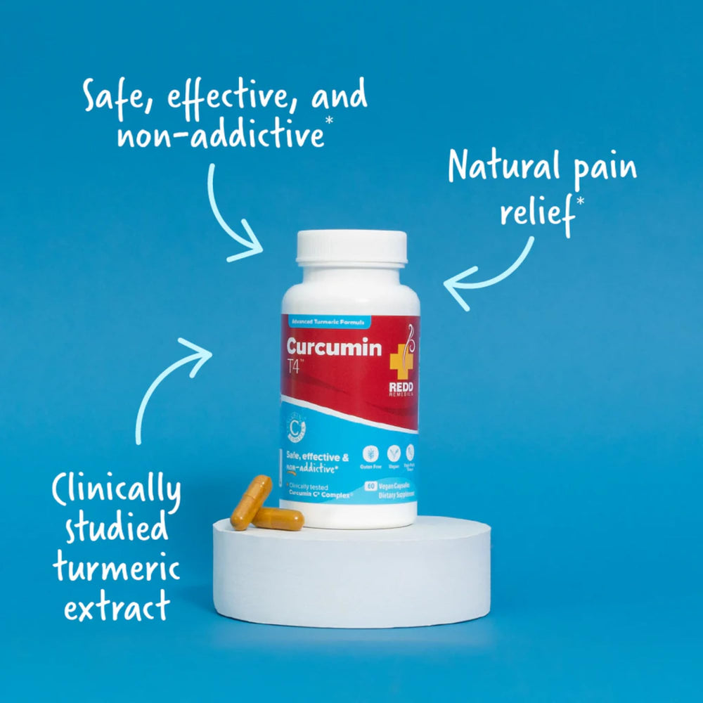 Redd Remedies Curcumin T4 label with non-GMO and lab-tested marks.