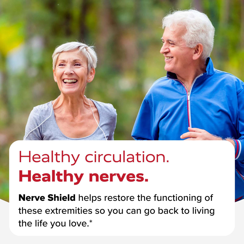 Nerve Shield bottle on white table, a convenient wellness option
