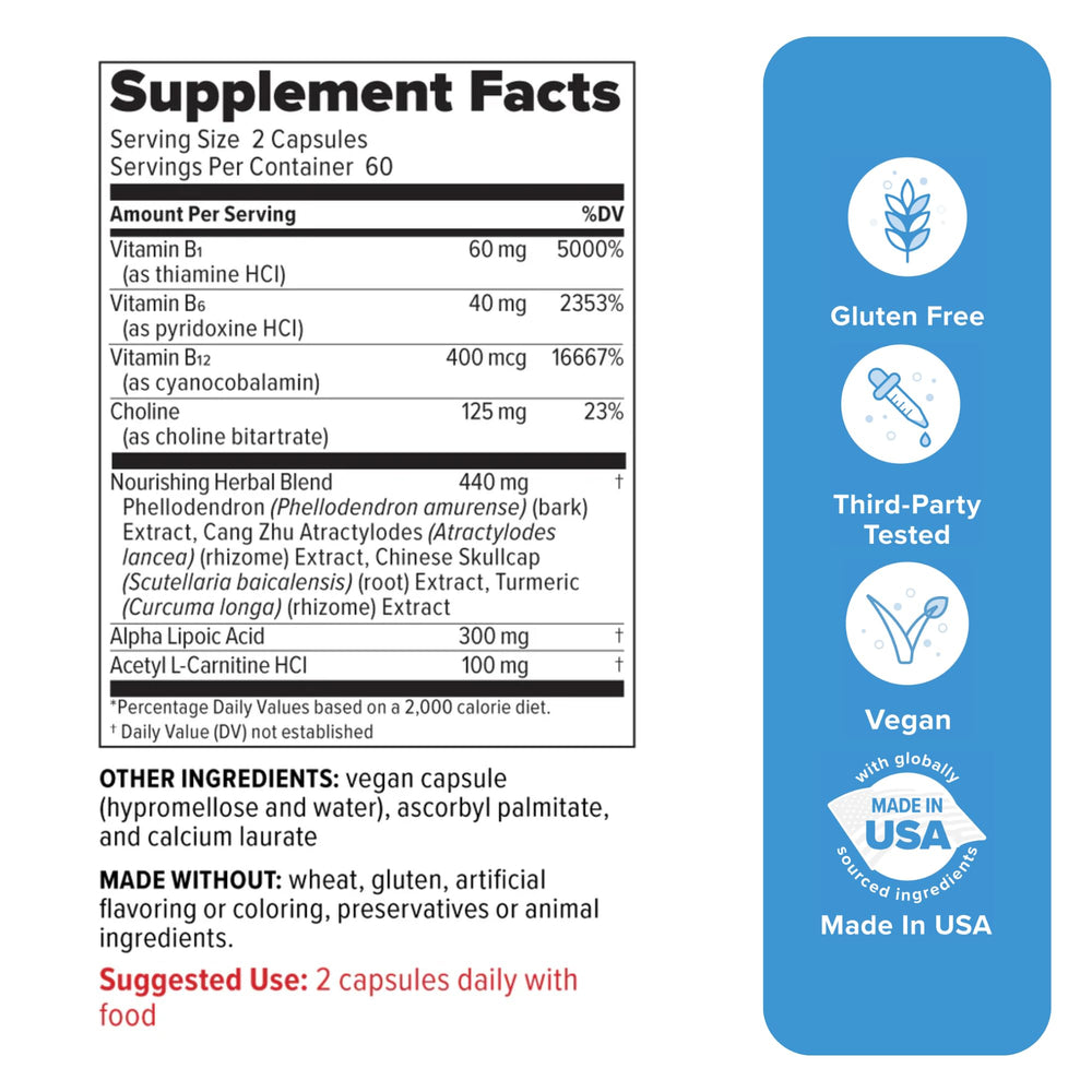 Redd Remedies Nerve Shield capsules close-up highlights vegan, gluten-free formula.