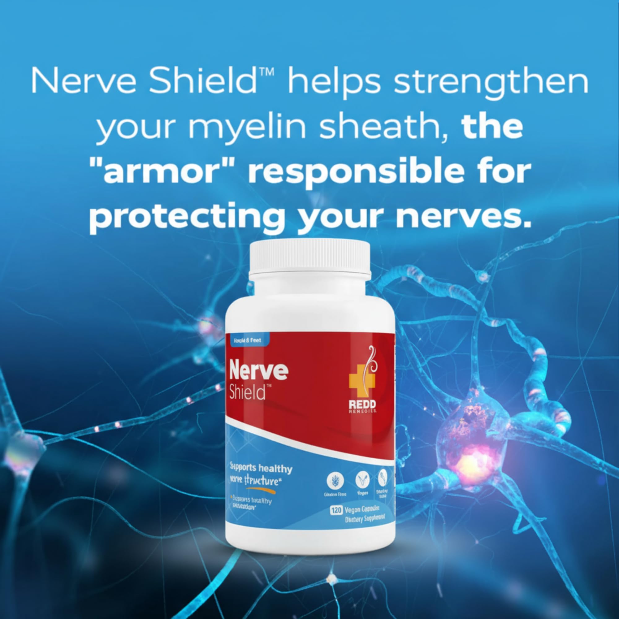 Redd Remedies Nerve Shield capsules in hand illustrate convenient daily support.