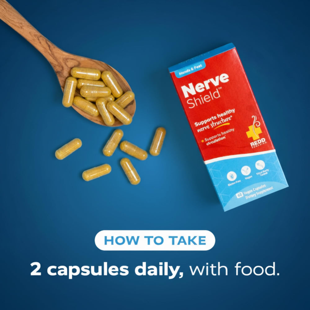 Redd Remedies Nerve Shield ingredients panel emphasizes amino acids and vitamins.