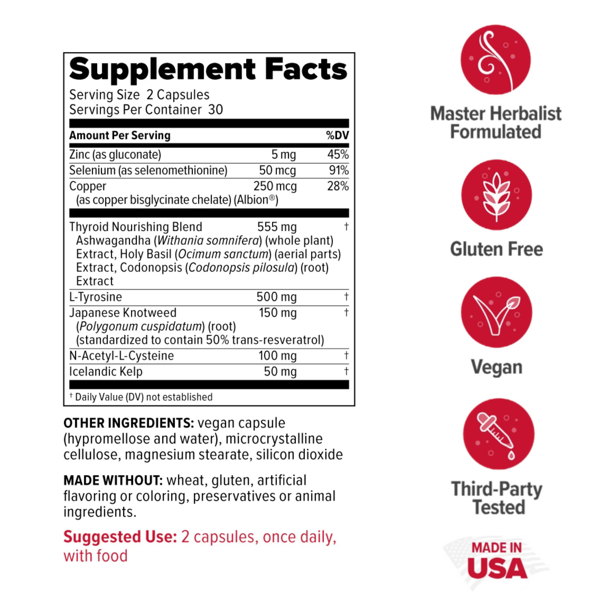Redd Remedies Thyroid Strong label close-up—non-GMO, gluten-free formulation