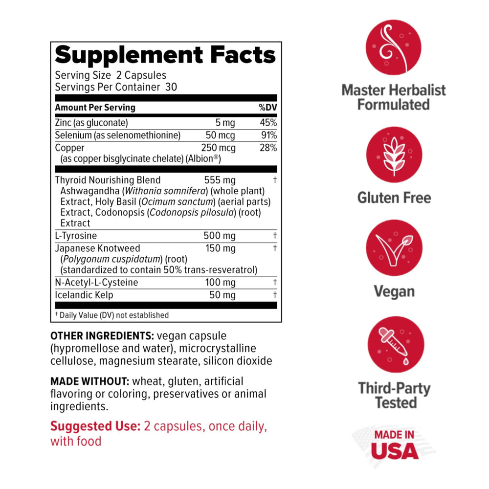 Redd Remedies Thyroid Strong label close-up—non-GMO, gluten-free formulation