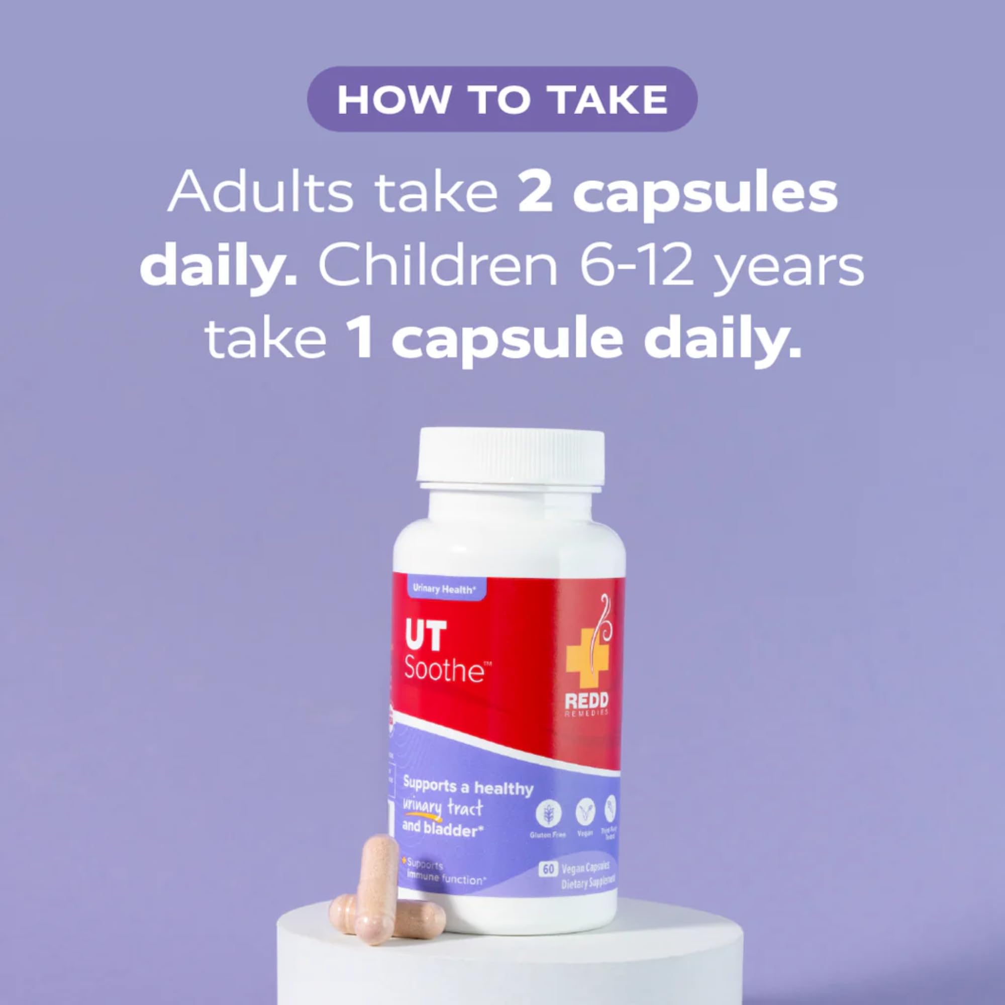 Redd Remedies UT Soothe bottle emphasizes sodium-free, vegan option for bladder health.