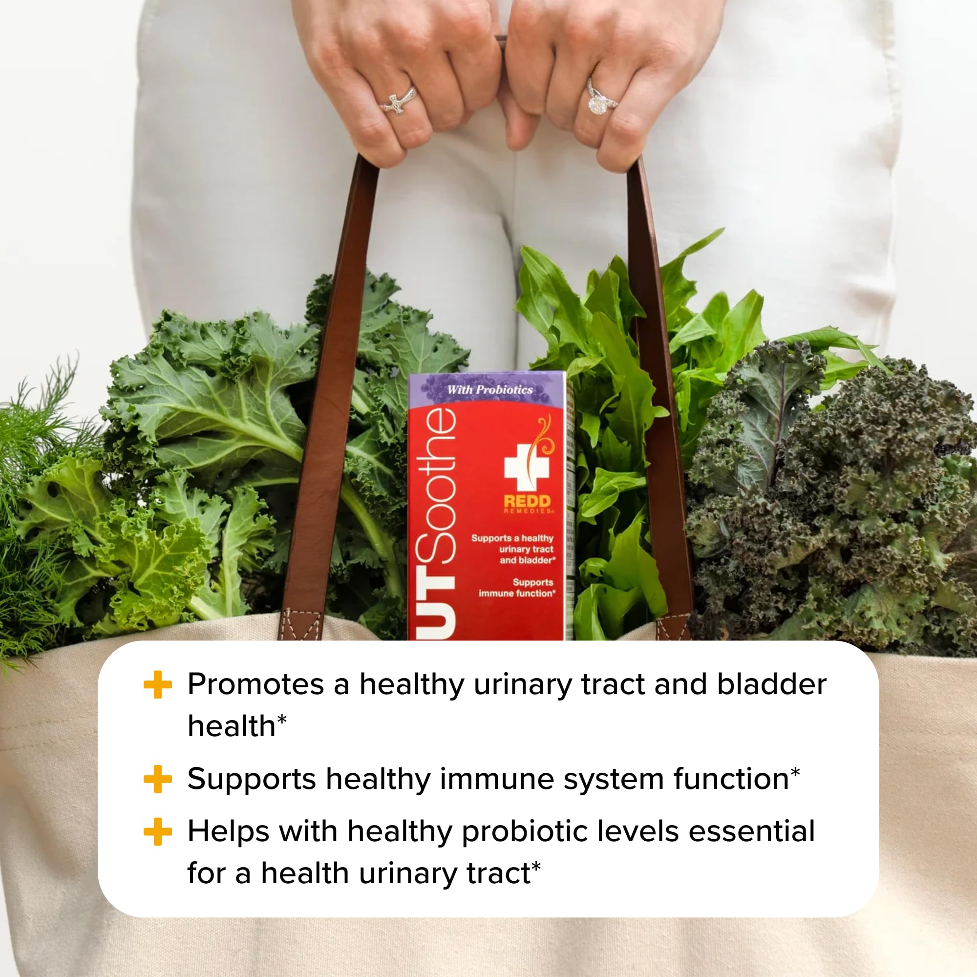 Redd Remedies UT Soothe capsule bottle shows probiotic blend promoting urinary comfort.