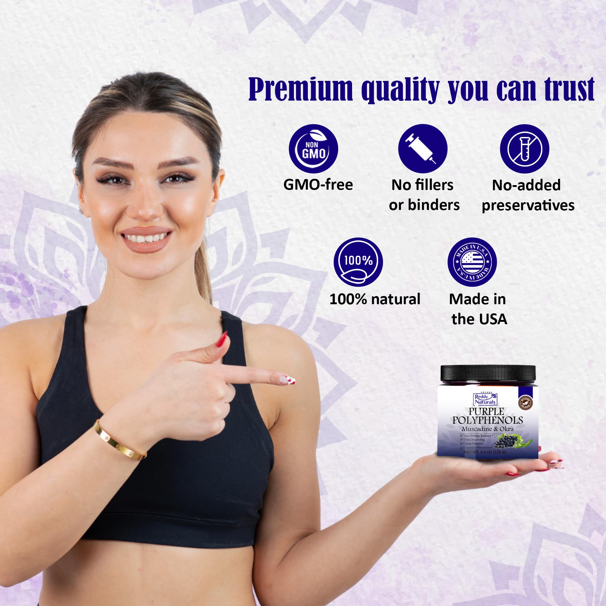 Reddy Naturals Purple Polyphenols daily-use shake suggesting routine.