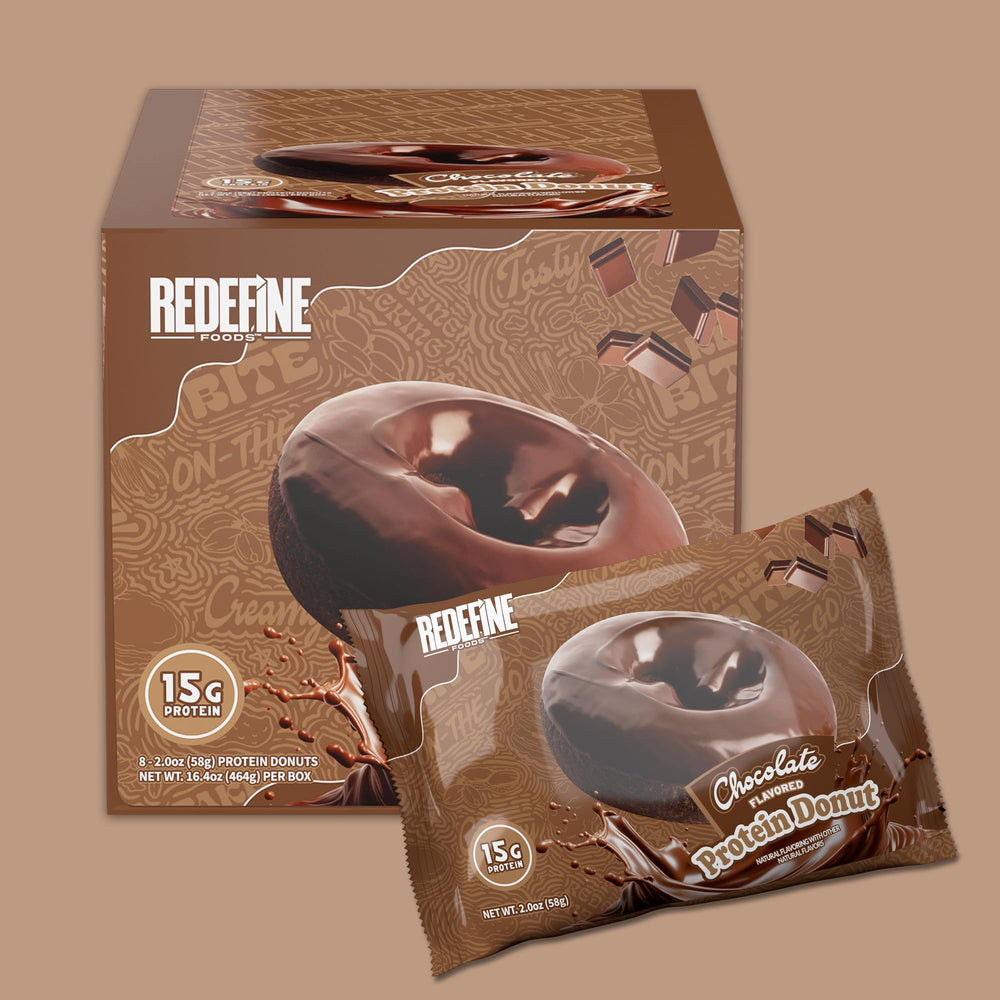 REDEFINE Chocolate Protein Donut ingredient layout showcases 15g protein per serving.