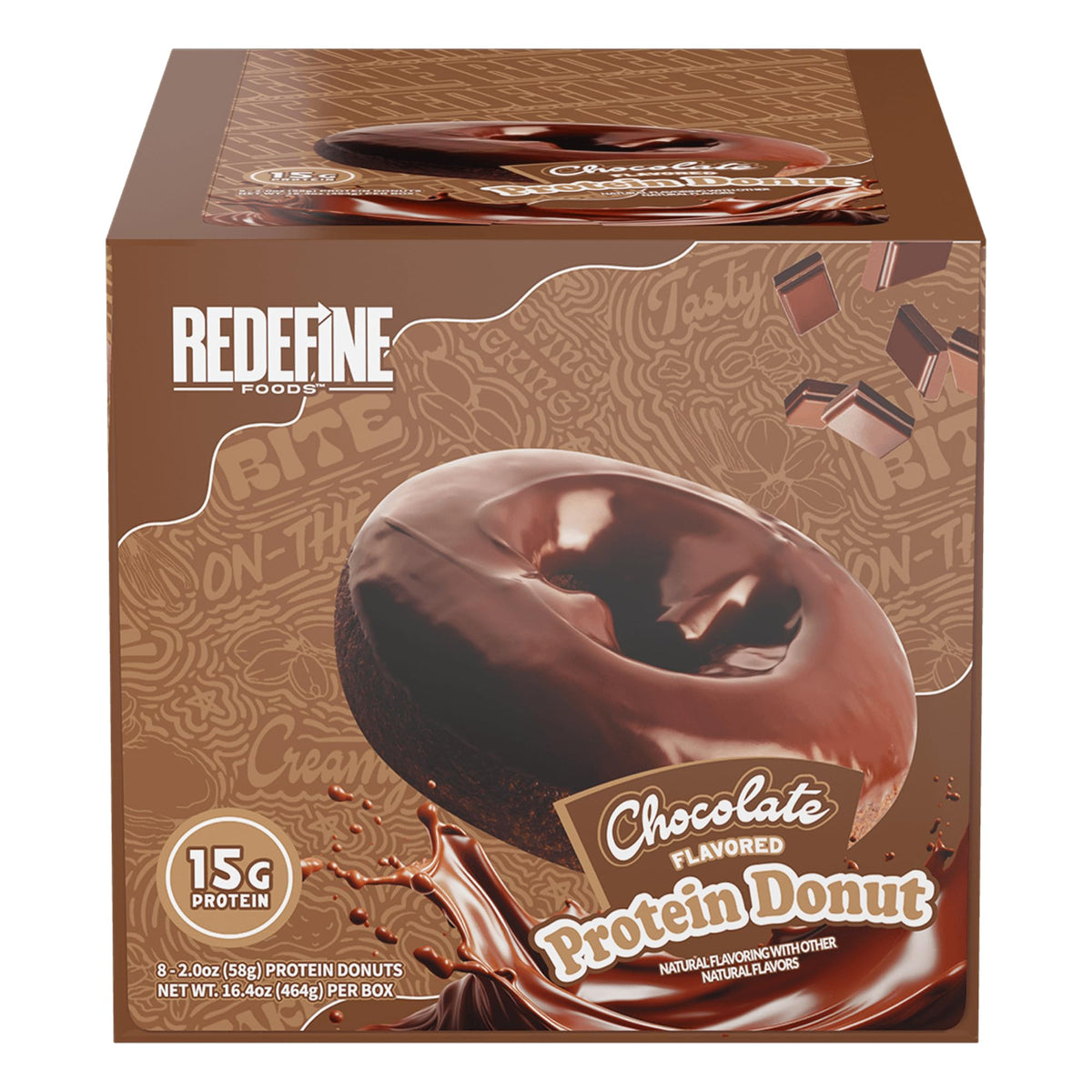 REDEFINE Chocolate Protein Donut packshot highlighting a protein-rich snack for post-workout cravings.