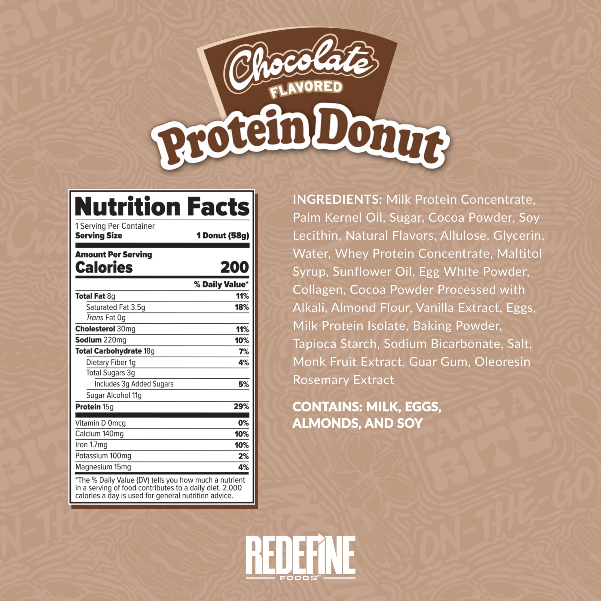 REDEFINE Chocolate Protein Donut side-view presents a quick, high-protein bite for busy mornings.