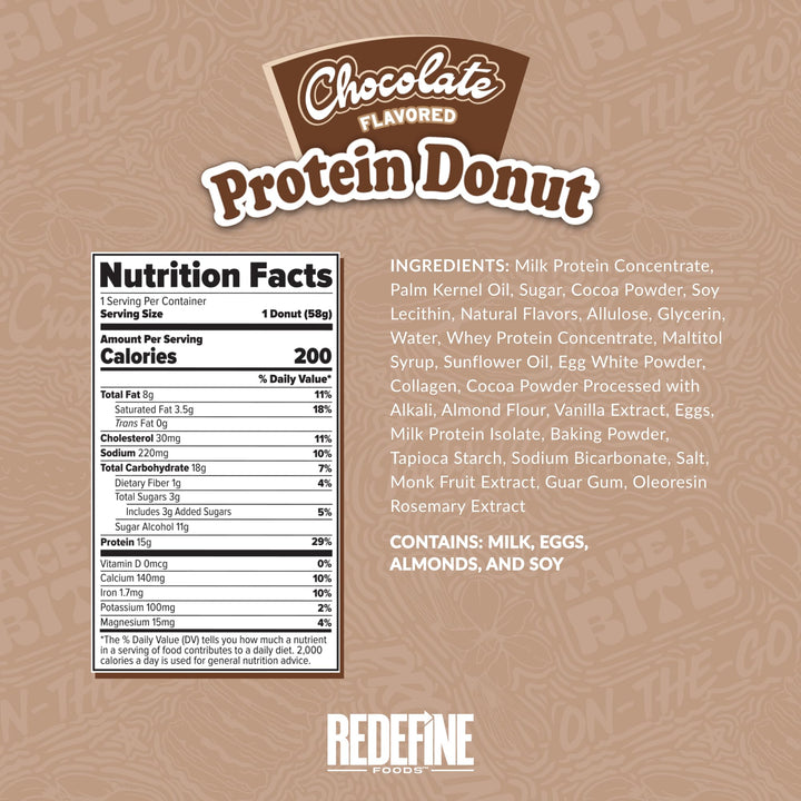REDEFINE Chocolate Protein Donut side-view presents a quick, high-protein bite for busy mornings.