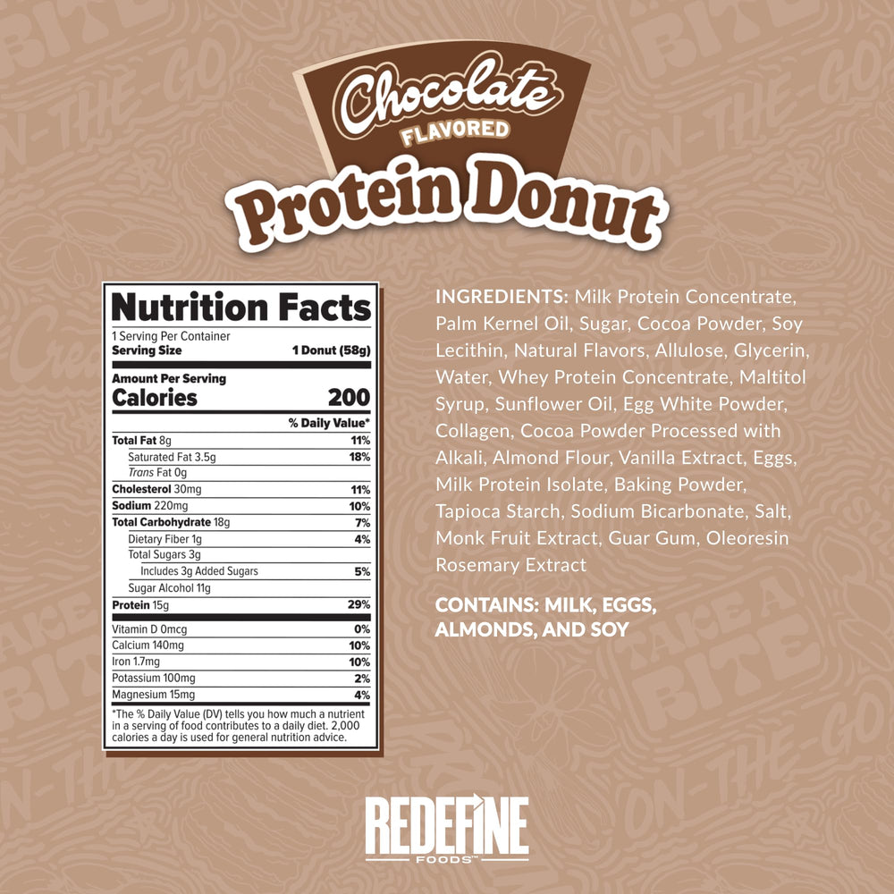 REDEFINE Chocolate Protein Donut side-view presents a quick, high-protein bite for busy mornings.