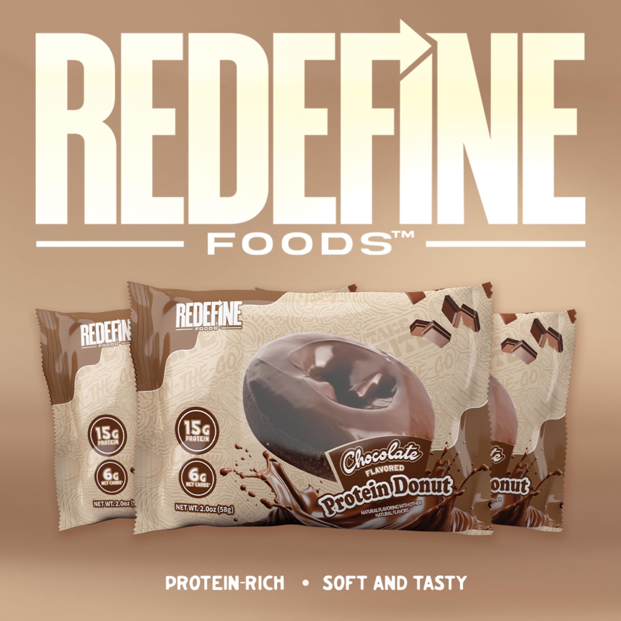 REDEFINE Chocolate Protein Donut unwrapped wrapper reveals accessible high-protein snack.