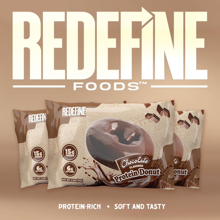 REDEFINE Chocolate Protein Donut unwrapped wrapper reveals accessible high-protein snack.