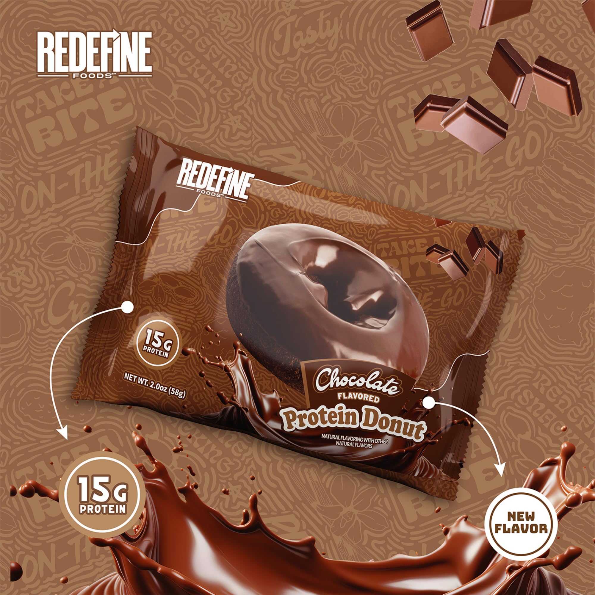 REDEFINE Chocolate Protein Donut with milk glass conveys post-workout recovery ritual.