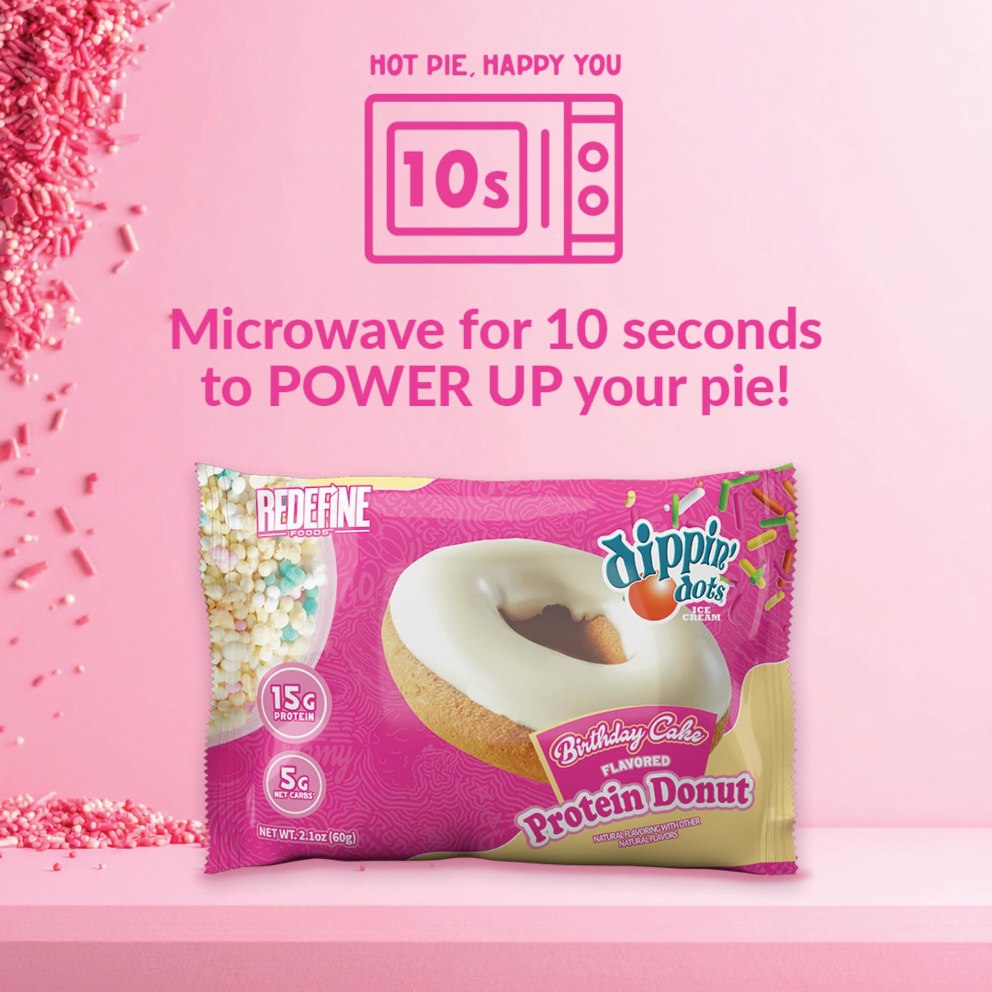 REDEFINE Dippin' Dots Birthday Cake Donut glaze texture appears rich and inviting.