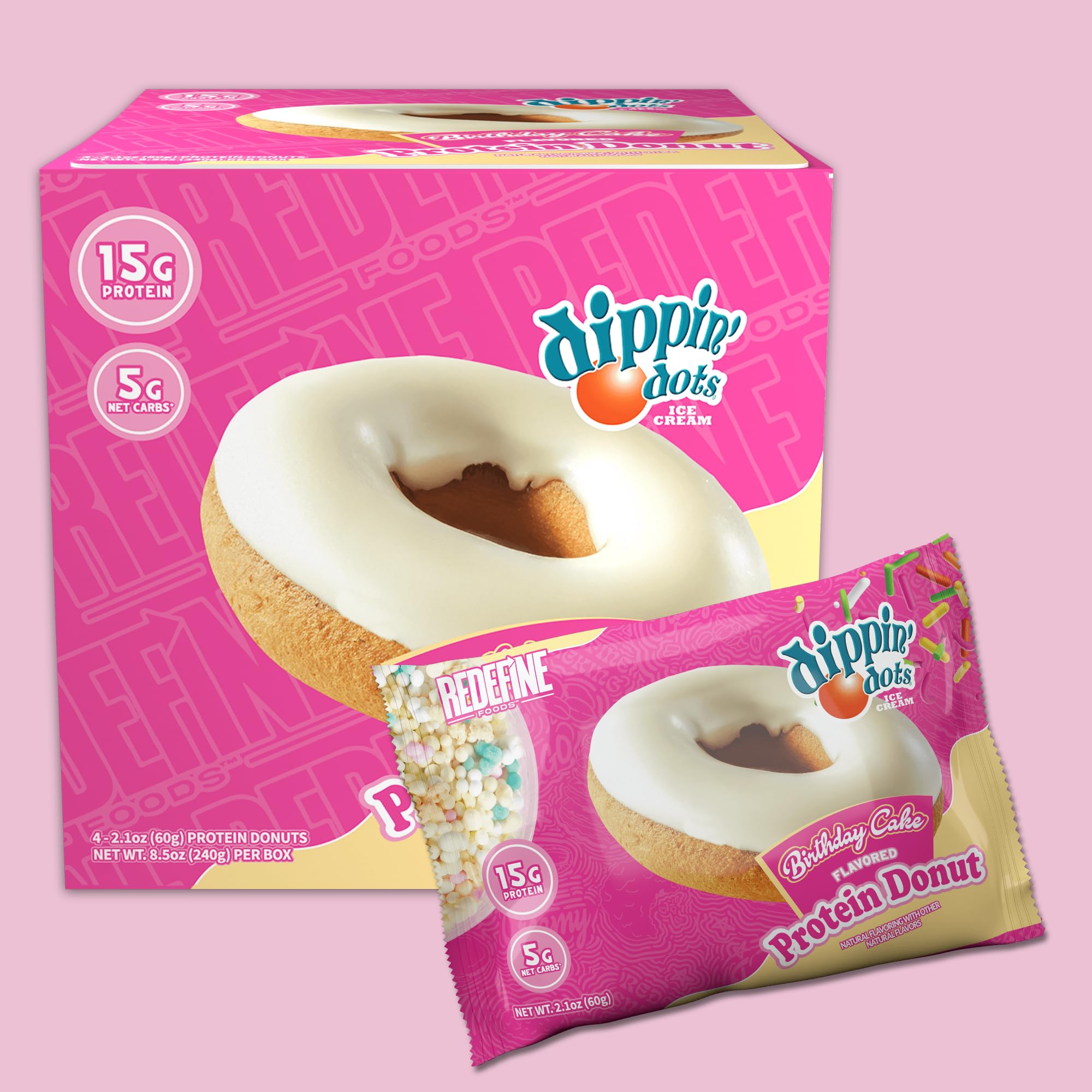 REDEFINE Dippin' Dots Birthday Cake Donut single serving, ideal for quick fueling.